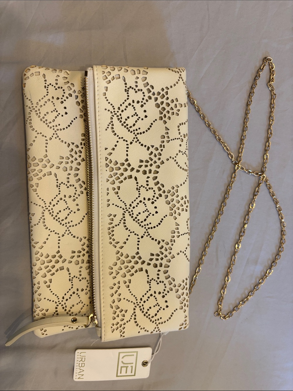 Urban Expressions Cream Laser-Cut Wristlet Clutch with Gold Hardware